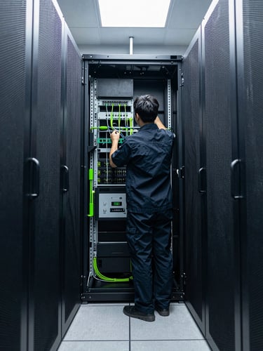 Wide environmental shot of a modern clean server room, a technician in dark uniform standing before an open rack checking connections, cool daylight, high contrast