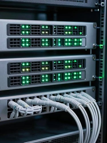 Macro shot of a high-end network rack installation with clean structured cabling and green status LEDs glowing in a cool-toned dark server room, 35mm lens