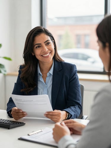 Approachable local insurance agent in a bright Providence office discussing policy options with a client, professional setting, warm natural light, 35mm lens