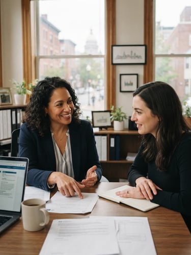 A clean editorial portrait of an approachable insurance agent consulting with a client in a bright, naturally lit Providence office, soft overcast daylight, 35mm lens