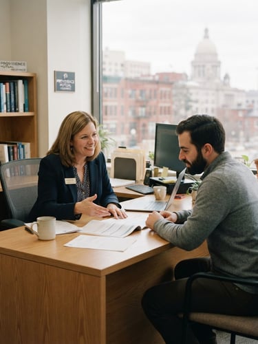 Approachable independent insurance agent in a bright Providence office consulting with a client, soft natural daylight, professional setting.