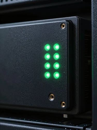 Macro photography of an industrial edge gateway node, green status LEDs, matte black aluminum chassis, low-key server room lighting