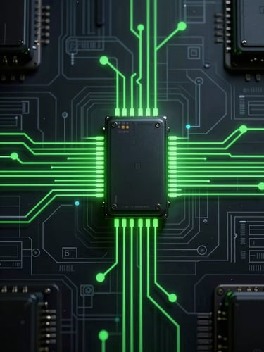 Top-down schematic diagram of an industrial edge gateway circuit, glowing neon-green data paths, dark technical blueprint aesthetic, high contrast