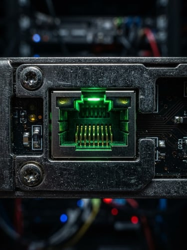 Extreme macro close-up of an industrial edge gateway hardware port, sharp signal-green accent light highlighting the ethernet socket, dark metallic textures, moody server room atmosphere.