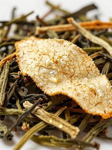 Macro close-up of loose herbal tea leaves and dried orange peel in sharp focus, showing intricate cellular structures, soft golden-hour light reflecting off fine water droplets, clinical-luxury aesthetic.