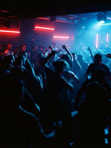 Silhouette of a crowd dancing in high-contrast shadows under electric blue and sharp red neon lights, motion blur, 35mm lens