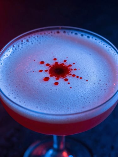 Tight macro shot of a premium Pisco Sour cocktail with a red bitters drop pattern on foam, high-contrast electric blue neon lighting in the background, moody club atmosphere.
