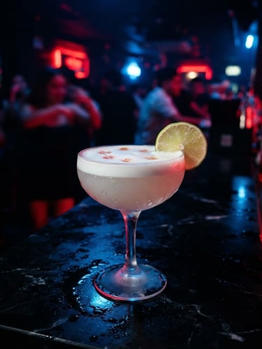 Close-up of a premium Pisco Sour with a lime wheel garnish on a black marble bar, illuminated by sharp red and electric blue neon lights, high contrast, moody club atmosphere, 35mm lens