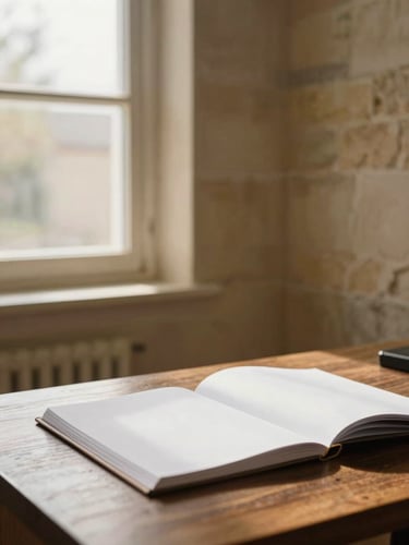 Wide environmental shot of a quiet home office — a desk with an open folder, warm stone walls, and a window letting in soft afternoon light, no people, calm and organized