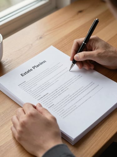 Close-up of hands turning pages of a printed estate planning document on a warm wood desk, soft north-facing window light, a cup of coffee partially visible at the edge of the frame