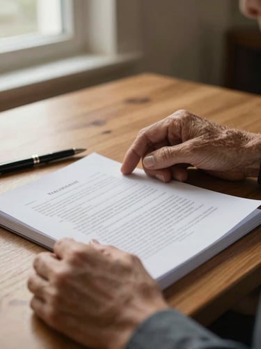 Close-up of aged hands turning pages of a legal document on a warm wood table, soft north-facing window light falling across the paper, a pen resting nearby, quiet and unhurried