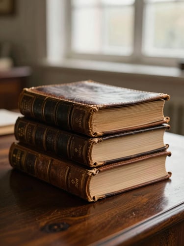Macro photograph of antique leather-bound medical journals stacked neatly on a dark oak desk, warm morning light filtering through a high window, shallow depth of field.