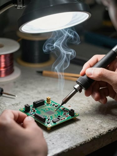 Tight macro shot of hands soldering a custom circuit board on a raw concrete workbench, harsh overhead LED task light, smoke rising from the iron, wire reels in the background.