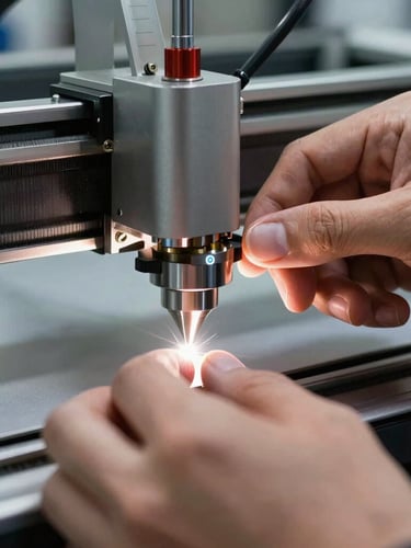 Tight macro shot of hands adjusting a calibrated laser cutter nozzle, harsh artificial LED task lighting reflecting on metallic surfaces, industrial warehouse setting