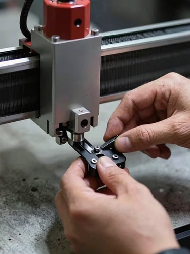 Tight macro shot of hands adjusting a CNC router interface, high-contrast artificial task lighting, raw concrete background.