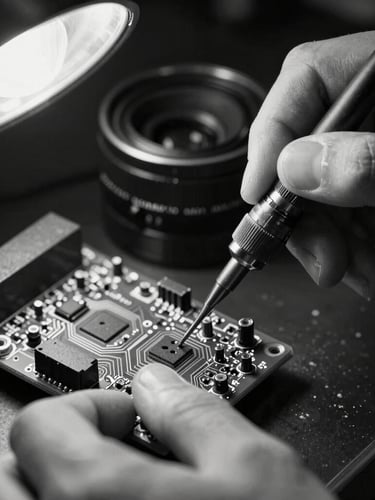 High-contrast black and white macro shot of hands soldering a custom circuit board, harsh LED task lighting, tight framing.