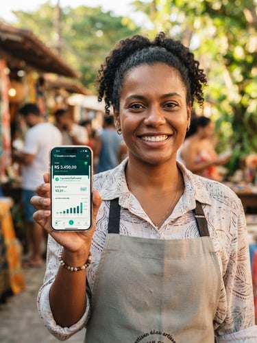 Brazilian worker smiling confidently while holding a smartphone with a secure financial app screen, warm natural daylight, shallow depth of field, medium environmental portrait