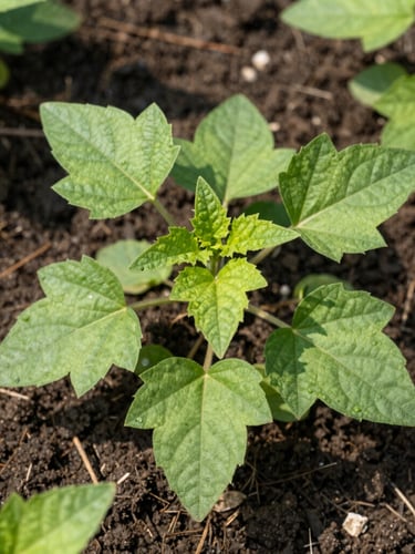 Macro overhead shot of vibrant green Brahmi leaves growing in rich, dark, moist open-field soil, bright morning sunlight casting soft shadows.