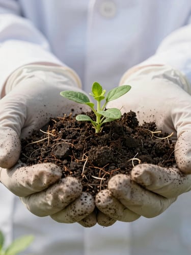 Close-up of a scientist's hands in soil-dusted laboratory gloves holding a handful of dark, rich, textured earth with tiny green Brahmi roots visible, bright natural light.
