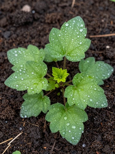 Macro photography of lush green Brahmi leaves covered in morning dew, growing in rich dark soil, crisp botanical detail, bright natural morning light