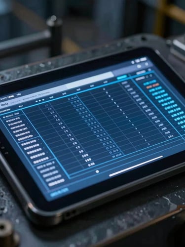 Close-up of a rugged industrial tablet displaying a complex technical data grid inside a dimly lit factory, cool blue tones, sharp focus