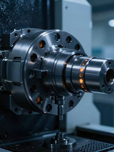 Close-up of a heavy industrial CNC spindle assembly in a clean factory environment, dramatic cool blue ambient light with high-contrast warm orange indicators, sharp macro focus, 35mm