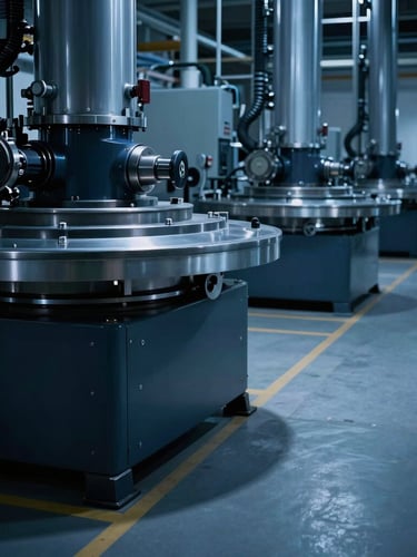 A clean modern factory floor with rotating equipment, high-contrast cool blue lighting, dramatic shadows, 35mm photography