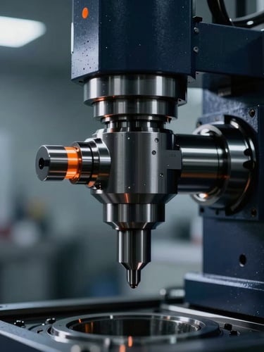 Macro shot of a high-speed CNC spindle assembly in a modern clean factory floor, dramatic industrial lighting, deep navy tones with sharp orange indicator lights, 35mm.