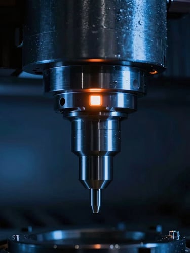 Macro shot of a high-speed CNC spindle with cool blue ambient light and a warm orange thermal indicator glowing on its housing, 35mm dramatic industrial photography