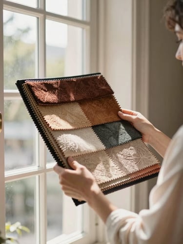 An interior designer holding premium fabric swatches against a sunlit window, showing rich textures and natural light.