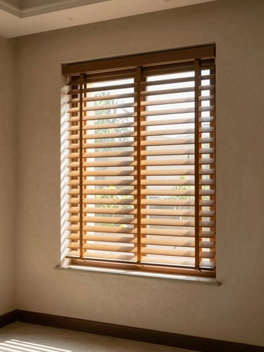 Elegant sunlit residential interior in Hyderabad, warm daylight filtering through custom window blinds, soft shadows on a textured wall, 35mm photography