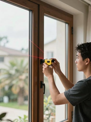 A technician using a laser measure on a modern residential window frame, bright natural daylight, precise execution, 35mm