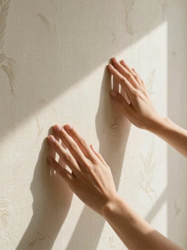 Close-up architectural photograph of hands feeling the rich texture of designer-grade wallpaper under warm natural daylight, soft shadows, 35mm