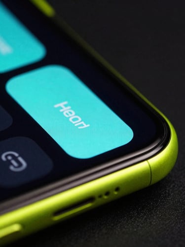 Extreme close-up macro shot of a sleek black Android phone screen displaying a glowing cyan system widget. Neon lime rim lighting reflects off the curved glass edge. Low-key studio setting.