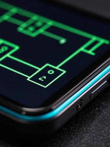 Moody low-key studio macro photo of a physical Android device screen displaying neon green vector schematics, cyan rim lighting reflecting on glass, extreme close-up on screen edge, 35mm