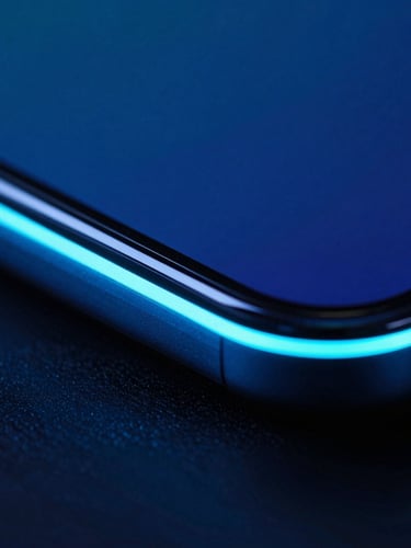 Extreme close-up macro shot of a physical Android device screen edge displaying a neon blue interface, sharp glass reflections, moody low-key studio lighting with cyan rim light, 35mm lens.