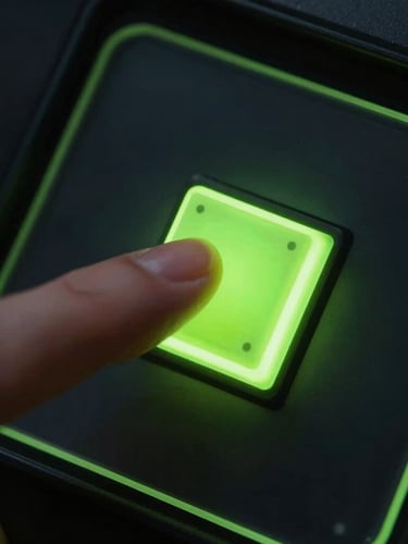 Macro angle showing a thumb interacting with a glowing neon green toggle switch on a dark glass screen, moody low-key lighting, electric lime rim reflections.