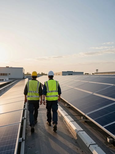 Environmental wide shot of two technicians in high-vis vests and helmets walking along a rooftop solar array access path, dawn light from the left, rows of panels stretching to the right, industrial facility below
