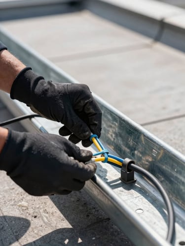 Extreme close-up of gloved hands routing and securing DC cable harnesses through a galvanised steel cable tray on an industrial rooftop, visible cable ties and colour-coded positive/negative conductors, natural daylight casting sharp shadows, structural roof surface in background
