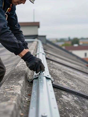 Wide environmental frame, low angle looking up a steep industrial rooftop slope — a gloved hand torques a bolt on a silver aluminium mounting rail, safety harness visible on the worker's torso, helmet edge in frame, raw concrete parapet in the background, overcast northern-European daylight, depth of field shallow on the rail detail, scale of the roof visible in the background