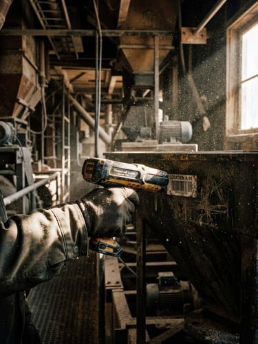 Handheld scanner being used in a dusty grain elevator, harsh direct sunlight, high-contrast, dust particles, textured, 35mm