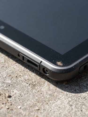 Close-up portrait shot of a rugged Android tablet's sealed port and reinforced corner, being drop-tested onto a dusty concrete surface. Harsh direct sunlight illuminates the impact point, showing fine dust particles. The tablet is clearly industrial-grade, not consumer.