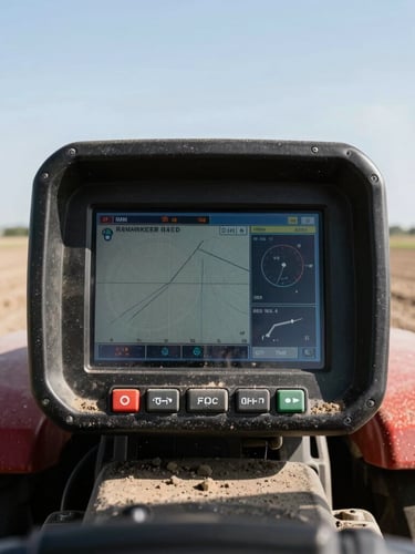 Tractor cab dashboard displaying real-time agricultural telemetry data, high-contrast screen readable under harsh direct sunlight, dusty environment, 35mm
