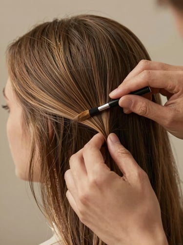 Close-up of hands precisely painting highlights on a model's hair, soft warm lighting, editorial framing.