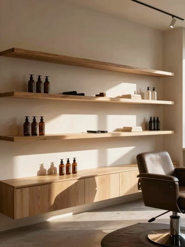 Warm modern salon interior with soft shadows, minimalist wooden shelves, and natural light streaming in.
