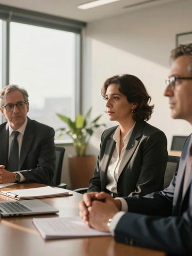 Warm natural daylight illuminating a modern Mexican corporate office, professional engaged in active listening during a strategic meeting, soft background focus.