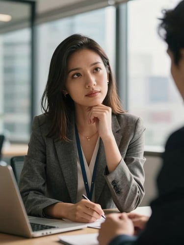 Environmental portrait of a business professional in a modern Mexico City office, warm natural window light, shallow depth of field, looking thoughtfully at a colleague off-camera.