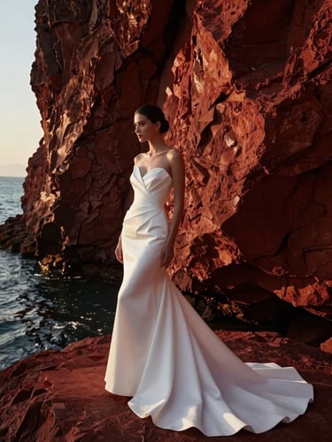 Dramatic high-contrast editorial bridal portrait of a bride in a structured white gown against Nha Trang coastal cliffs, direct golden hour sunlight.