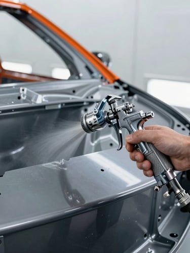 Close-up of a professional paint gun spraying a metallic car panel inside a clean, brightly lit computerized paint booth, high contrast, 35mm