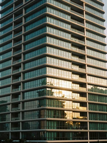Elegant architectural photography of a luxury modern condominium tower in Miami, soft morning sunlight reflecting on glass facade, deep green shadows, editorial 35mm look